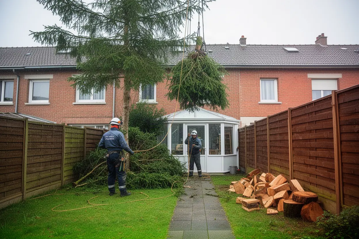 Élagueur démontant un arbre dangereux près d'une maison amiénoise