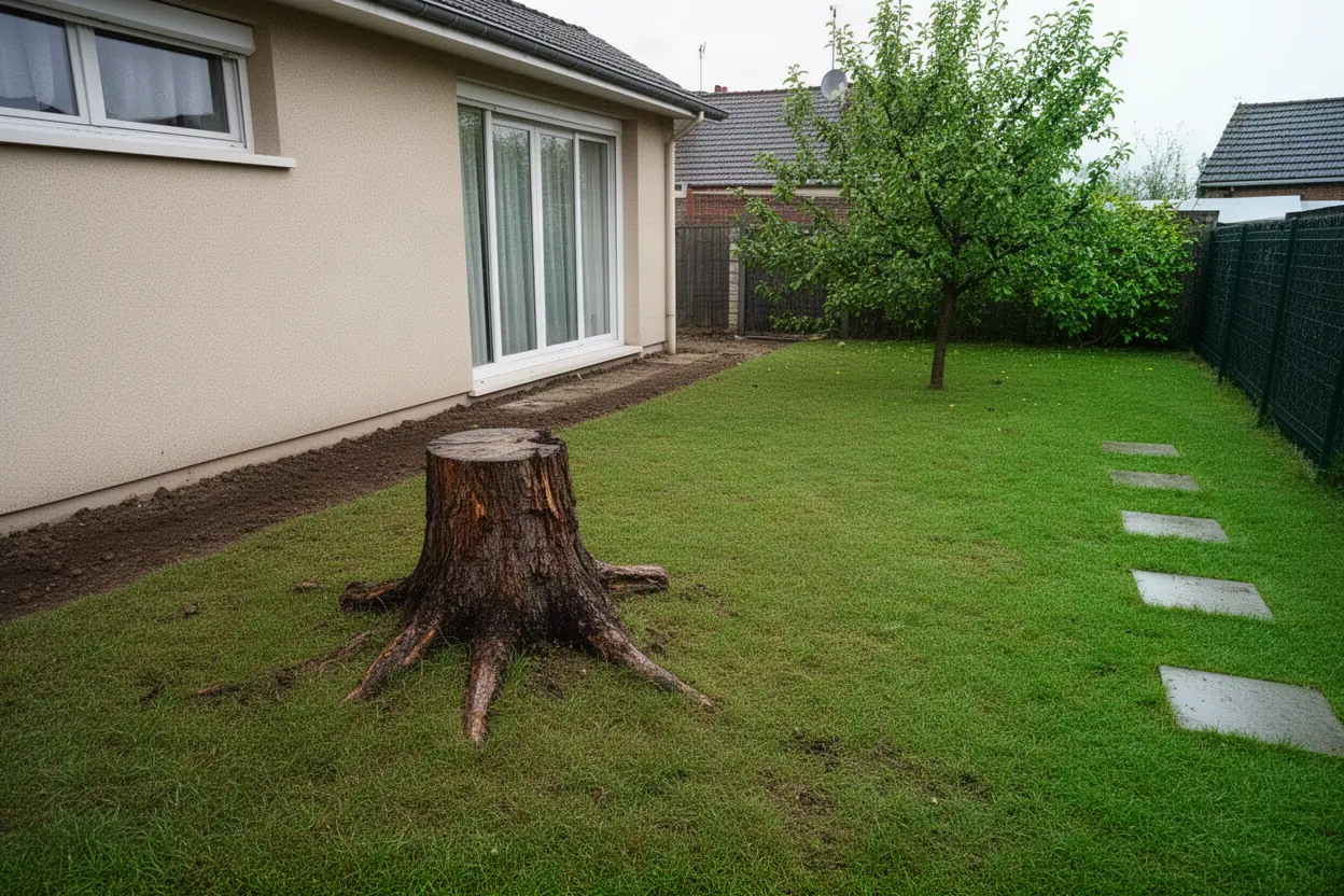 Souche de conifère avant rognage dans un jardin amiénois