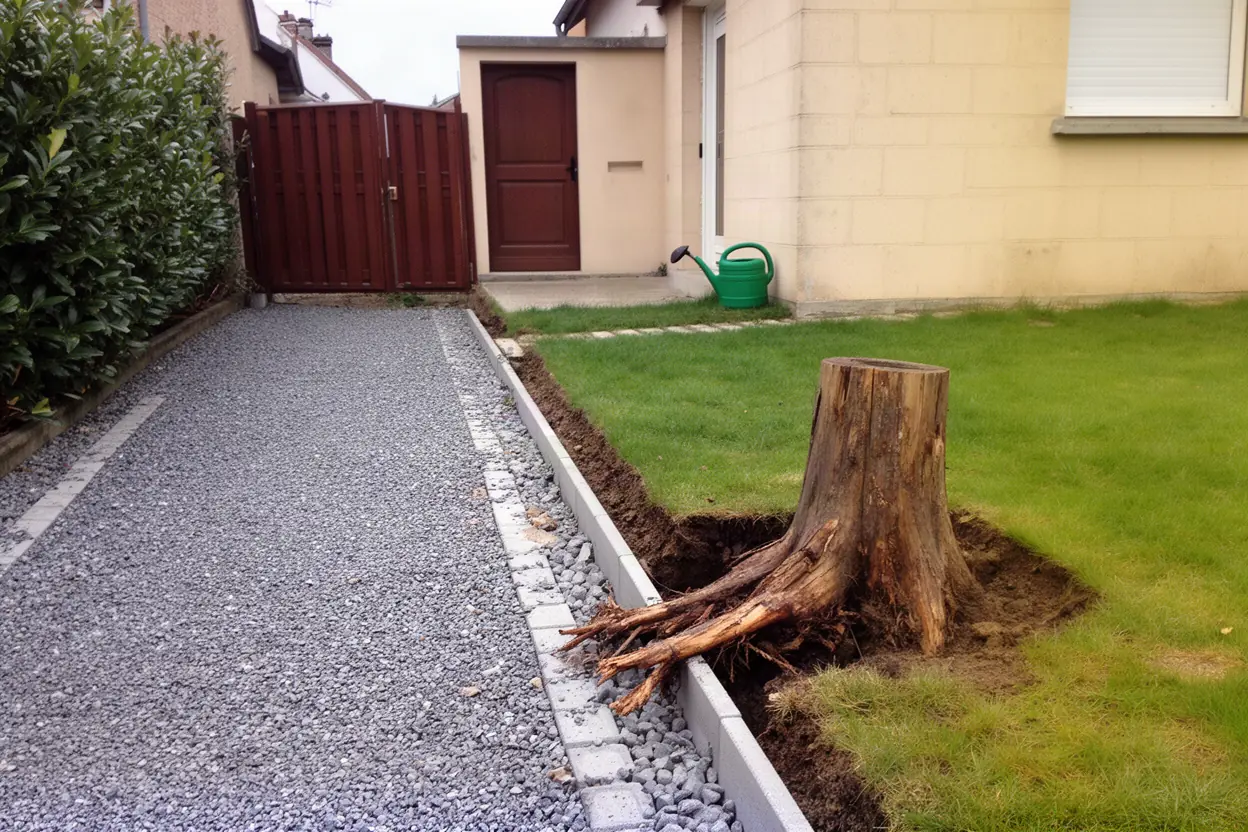 Souche gênant une allée de jardin à Dury
