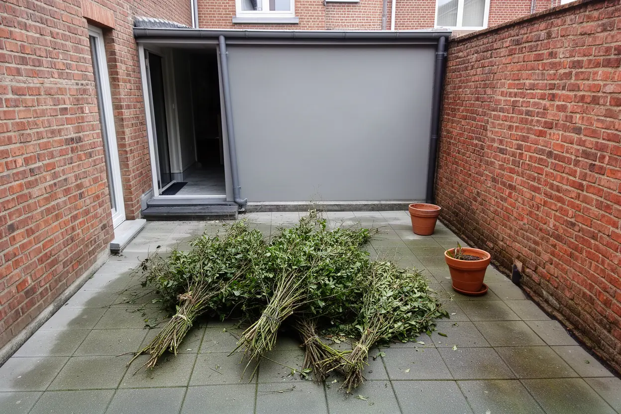 Cour encombrée de branches avant ramassage à Amiens