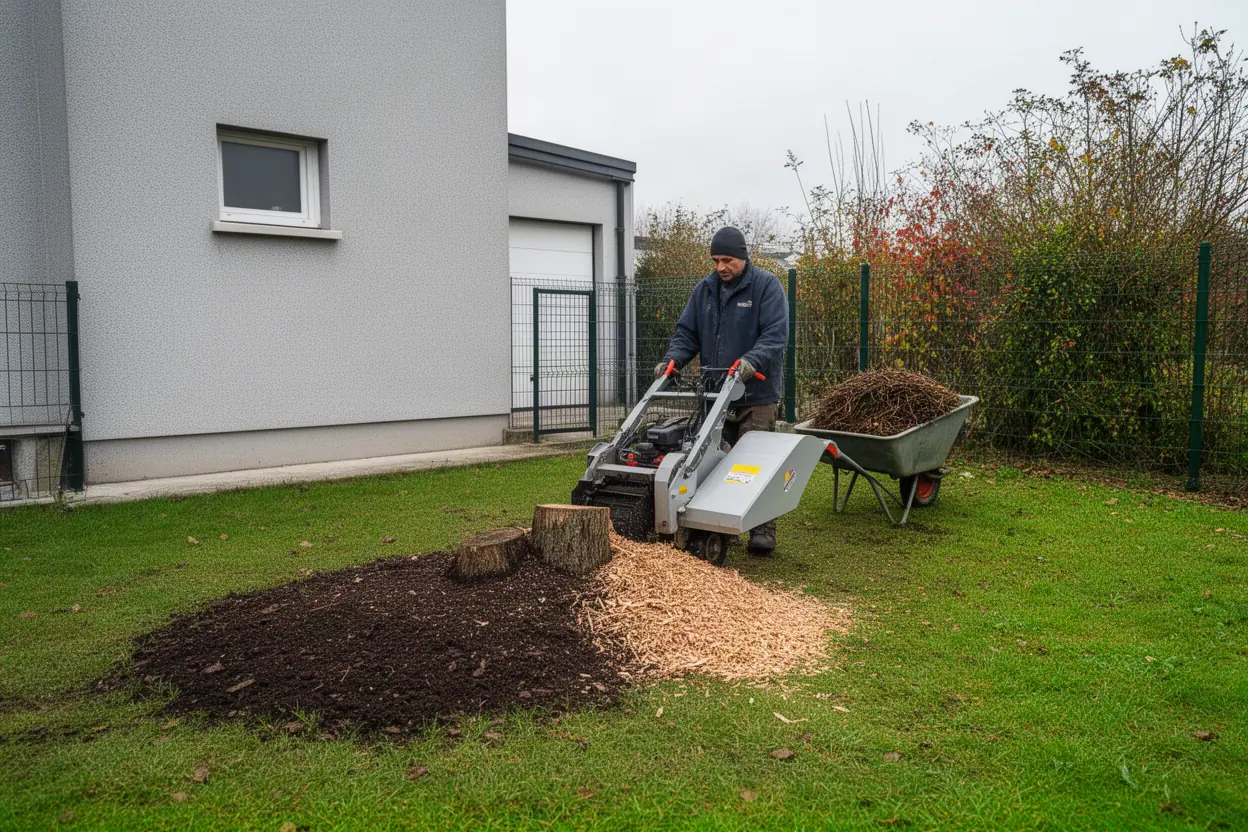 Rogneuse supprimant une souche dans un jardin à Amiens