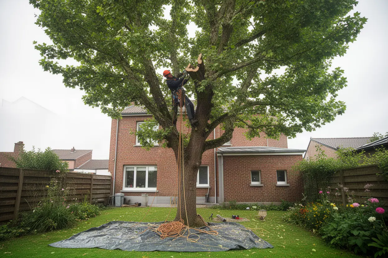 Arboriste taillant un arbre dans un jardin à Amiens