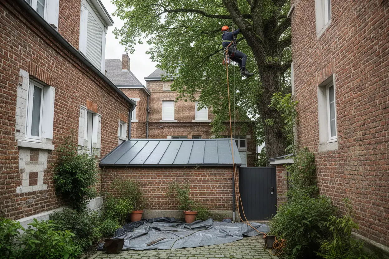 Élagueur grimpeur travaillant sur cordes à Camon